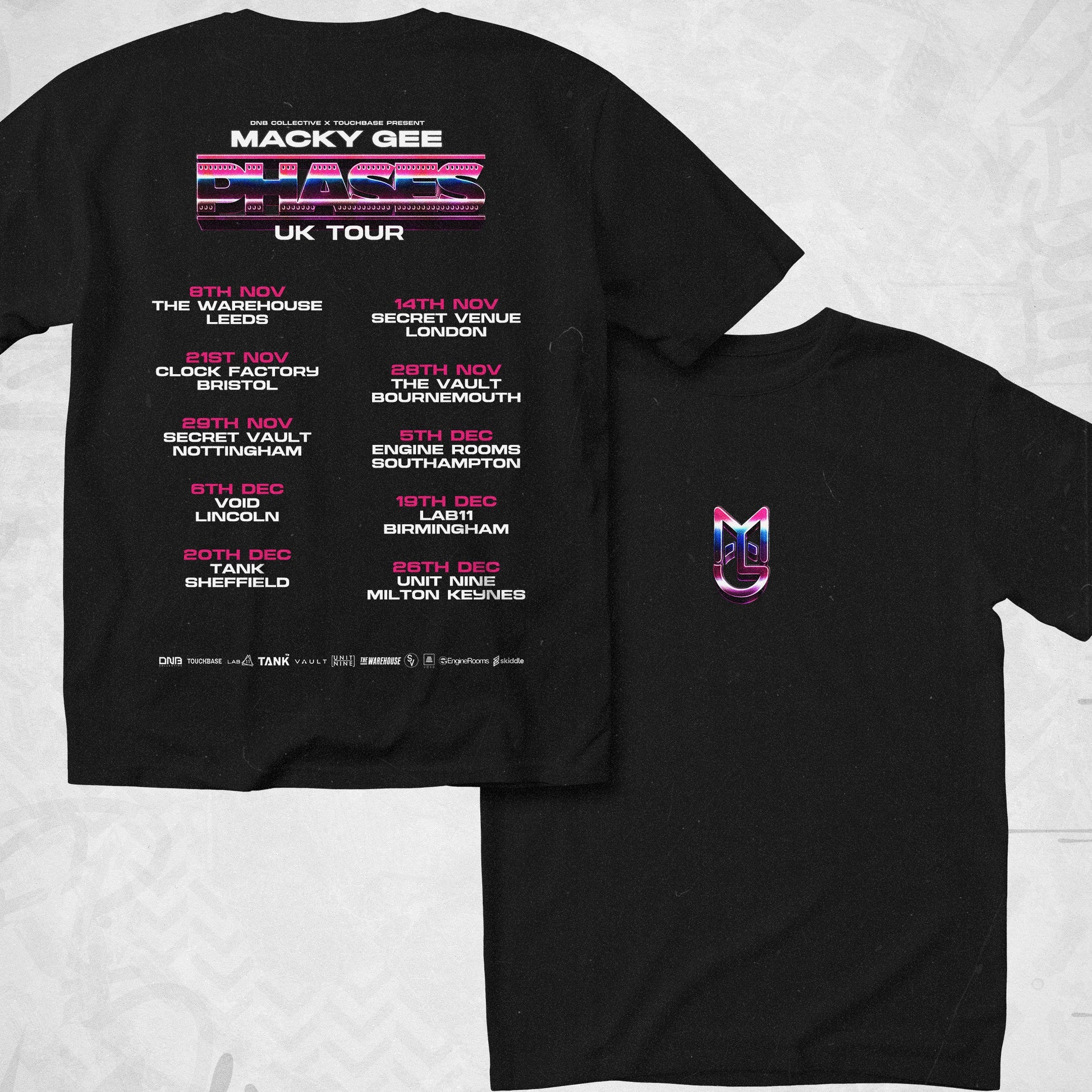 Black t-shirt with tour information and logo on a light gray background