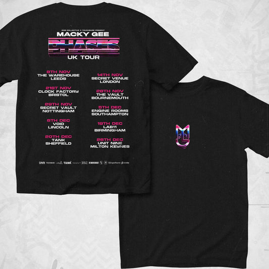 Black t-shirt with tour information and logo on a light gray background