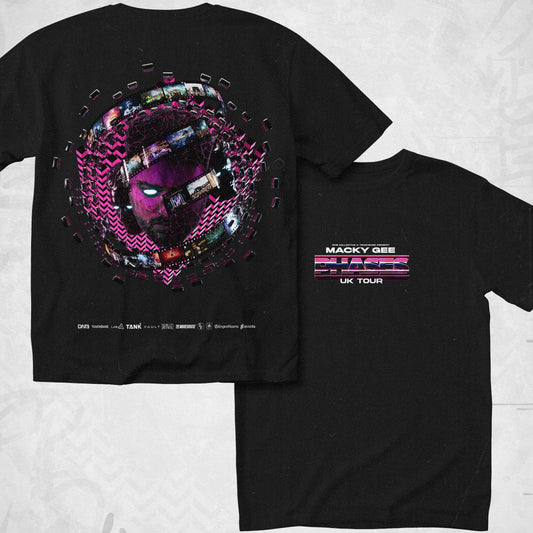 Black t-shirt with colorful graphic design on the front and text on the back, laid flat on a light gray surface.